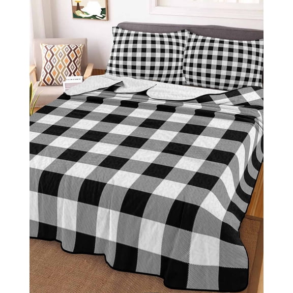 Black and White Plaid Queen Size Down Alternative Comforter, Lightweight Comforter Quilt Bedding Set with Pillow Shams Farmhouse Checkered Buffalo All Seasons Bed Comforter Duvet Insert 90"x96"