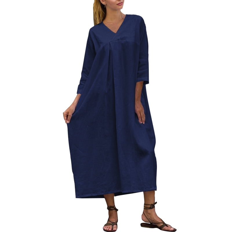 Celmia Women 3/4 Sleeve Casual Holiday V Neck Kaftan Maxi Long Dresses ...