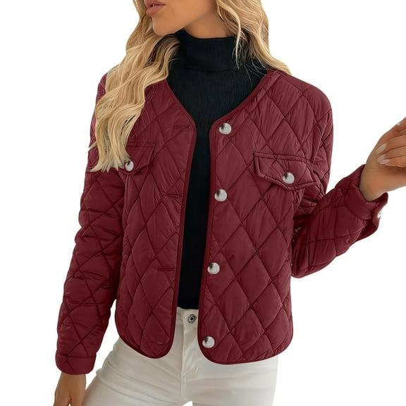 qucoqpe Women's 2025 Fall Winter Casual Fashion Loose Fit Long Sleeve Button Up Hoodless Quilted Jacket Coat Outwear with Chest Pockets