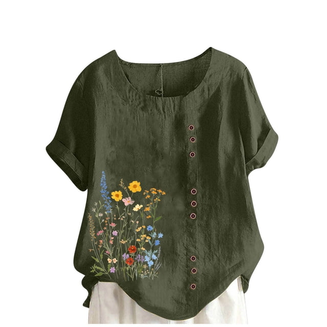 Vestidos Casuales Para Mujer, Blusas De Mujer De Moda Blusa informal de lino con botones y manga corta estampada para mujer