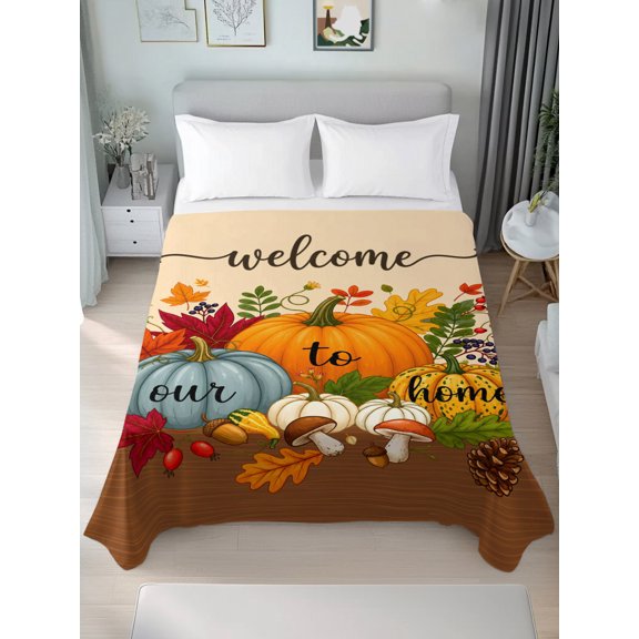 Queen Flat Sheet Only Welcome to Our Home Words Soft Microfiber Cooling Bedding Sheets Thanksgiving Maple Leaves Flat Bed Sheet for Hotel,Home Decor