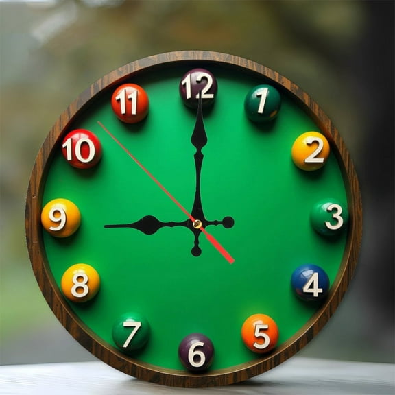 Vintage Style Pool Table Wall Clock for Game Room Decor 10-Inch Silent Wooden Wall Clock, Battery Operated (AA Batteries Not Included), Artistic Home Decor