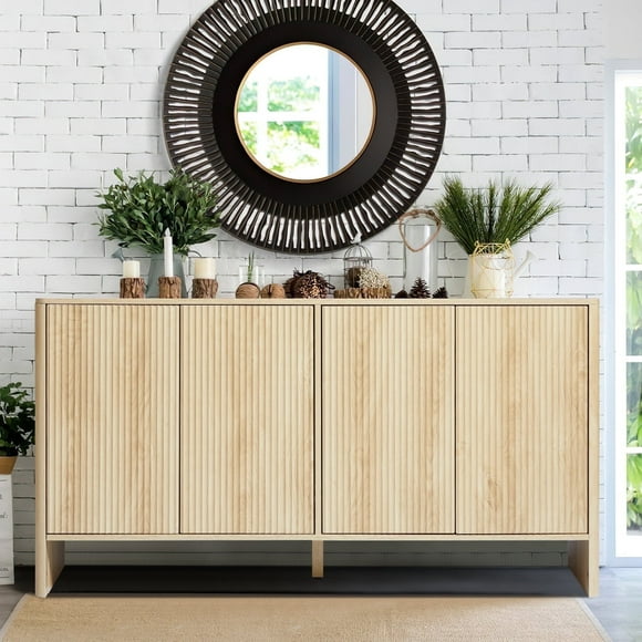 Buffet armoire de rangement avec portes et étagères, Buffet avec rangement, armoire de rangement Credenza pour cuisine, armoire cannelée en bois, armoire sous TV avec rangement