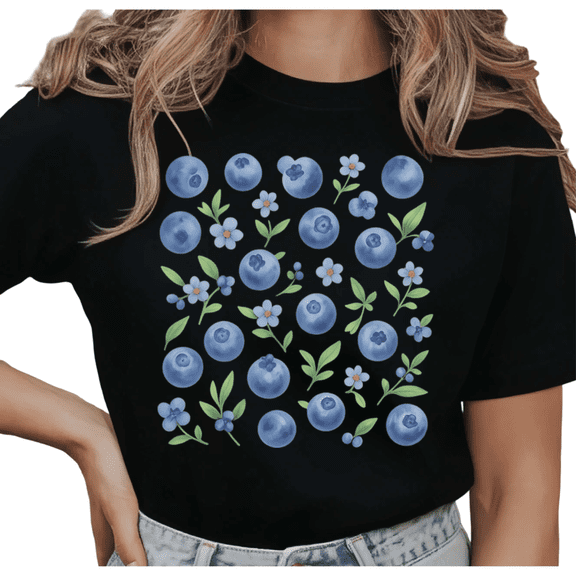 Women's Blueberry & Floral Pattern Graphic Fresh Minimalist Casual T Shirt Breathable Short Sleeve Round Neck Top Black S-5XL
