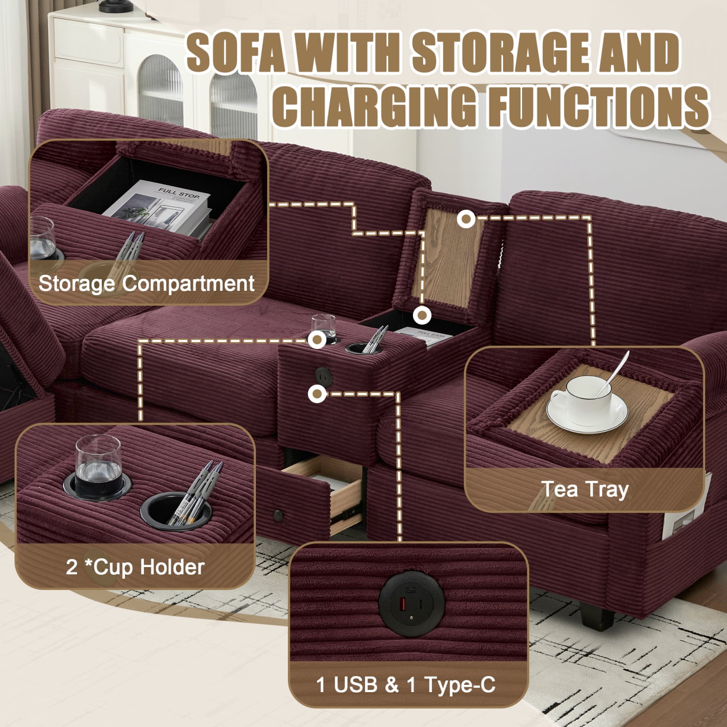 Leumius L-Shaped Sectional Sofa for Living Room,105" Modular 4-Seater Upholstered Sofa Couch with Cup Holder/USB Interface/Storage Box,Rose Red