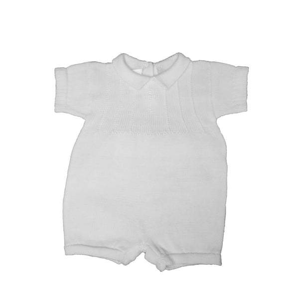 Christening Day Boys White Cotton Knit Short Sleeve Romper with Subtle Embroidered Cross