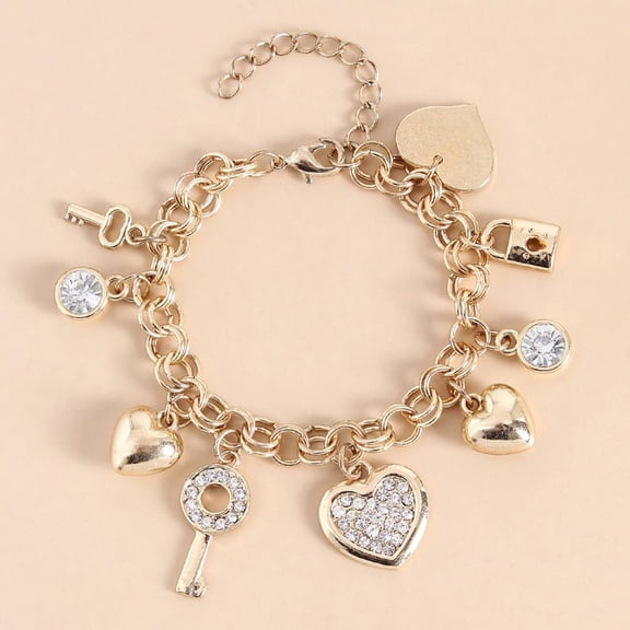 Gold Charm Bracelet for Women - Heart & Key Charms with Crystal Accents, Adjustable Link Chain Fashion Jewelry for Gift