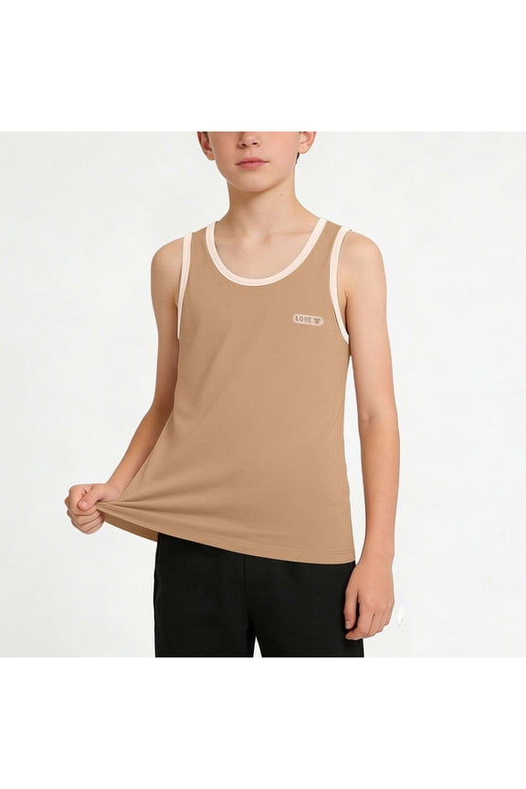 Boys Cotton Tank Tops Crewneck Sleeveless Loose Fit Summer Casual Fashion Muscle Shirts Brown Size 12-13