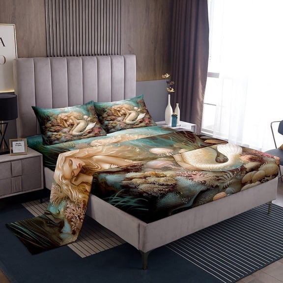 Erosebridal Mermaid Princess Bed Sheets Set Twin Size, Ocean Coral Bedding Twin Size, Dreamy Jellyfish Sheet Set Twin, Microfiber Bedroom Decorative, 3pcs