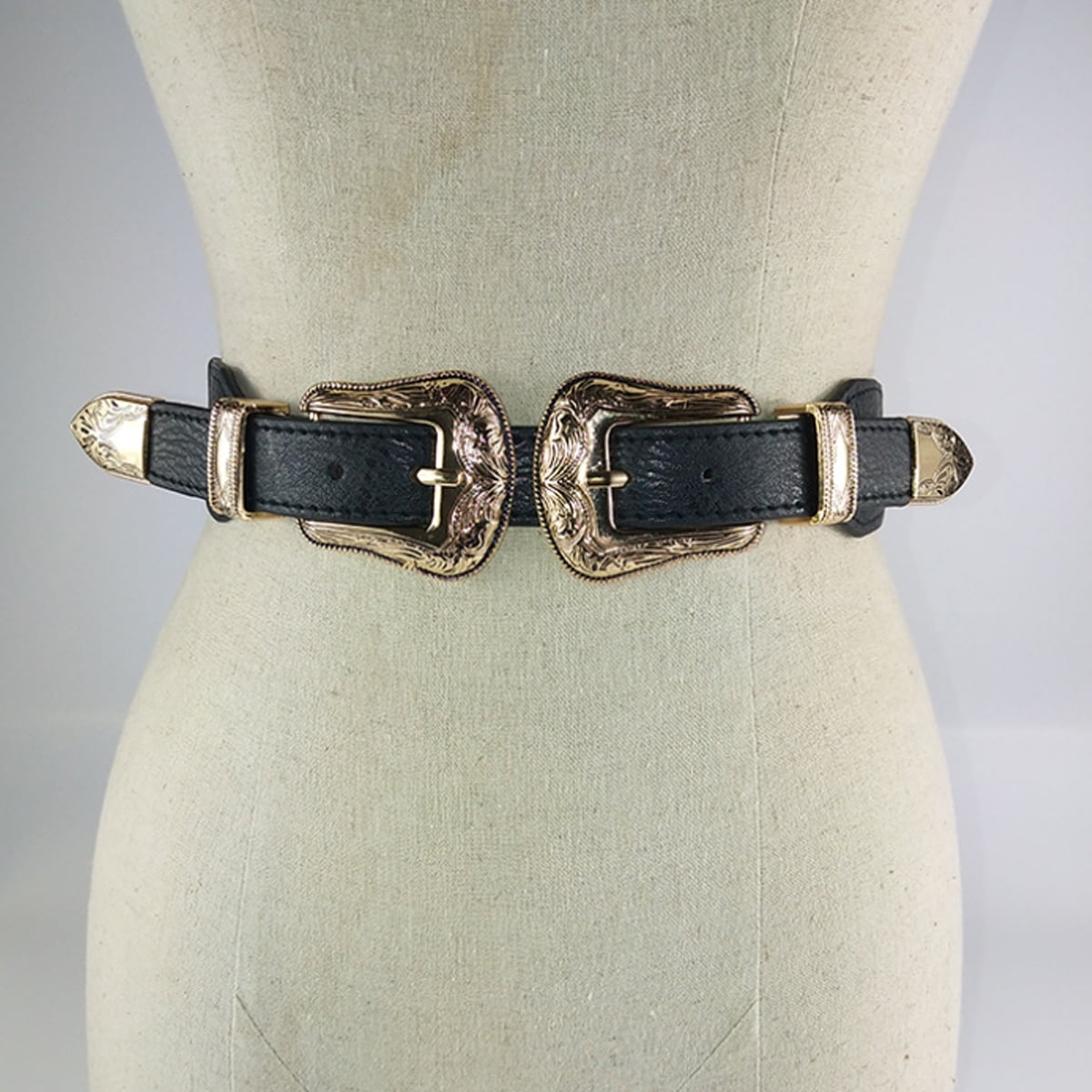 Vintage Western Leather Belt Retro Cowgirl Adjustable Double Buckle Classic Double Buckle Western Belt - Medium/Large – Ivory Buck Boutique main image 2