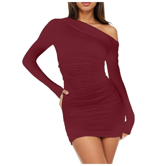 Zshosam Women's Sexy Elegant Off Shoulder Long Sleeve Ruched Bodycon Party Mini Dresses(,XL)