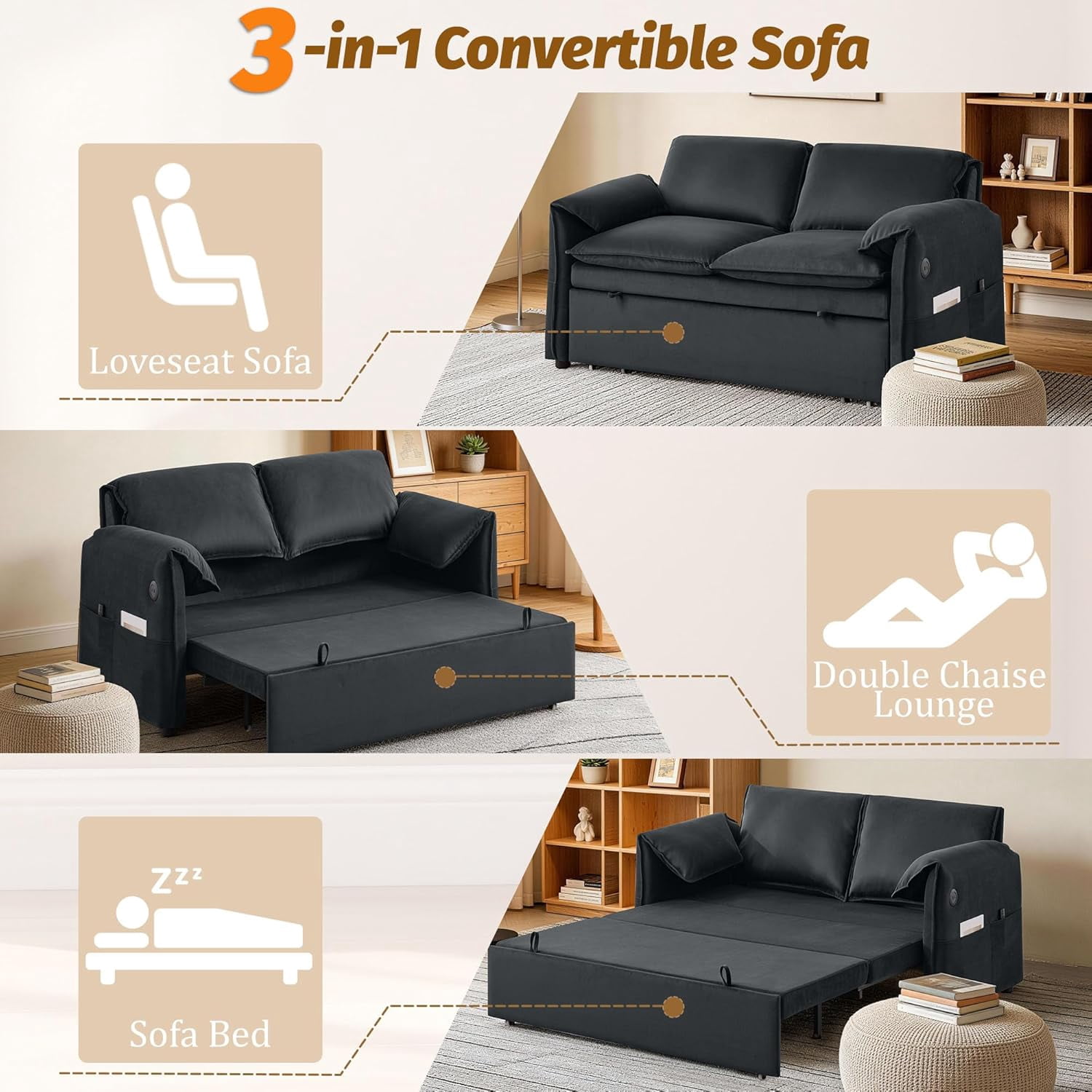 63" Velvet Pull Out Couch, 3-in-1 Convertible Sleeper Sofa Bed with Adjustable Backrest, USB Charging Ports, Side Pockets, Modern Loveseat for Living Room, Bedroom, Apartment, Dark Grey