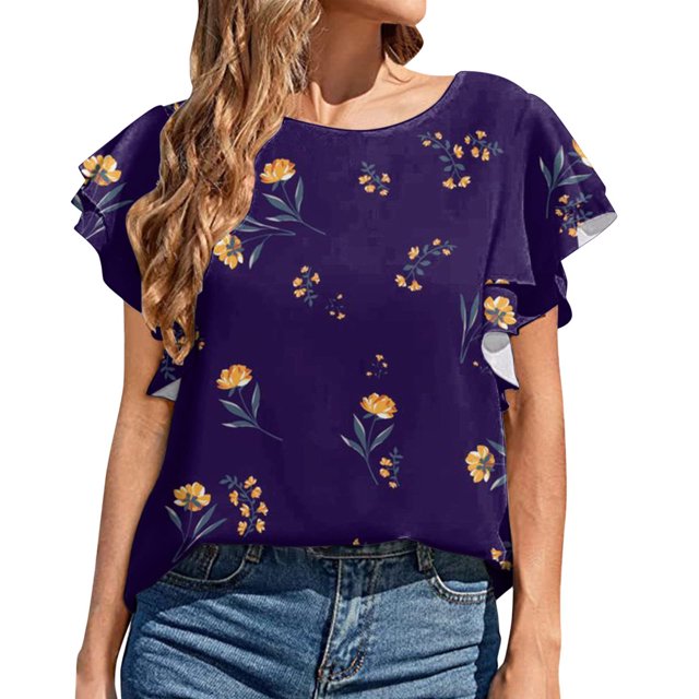 Blouse d'Été Grande Taille à Manches Courtes pour Femmes Mode Décontractée Col Rond à Volants Manches Courtes Imprimée Pull Col en V T-Shirt Femmes en Solde