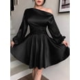 thumbnail image 4 of Black Satin Off-Shoulder Puff Sleeve Ruched Waist A-Line Mini Dress, 4 of 8