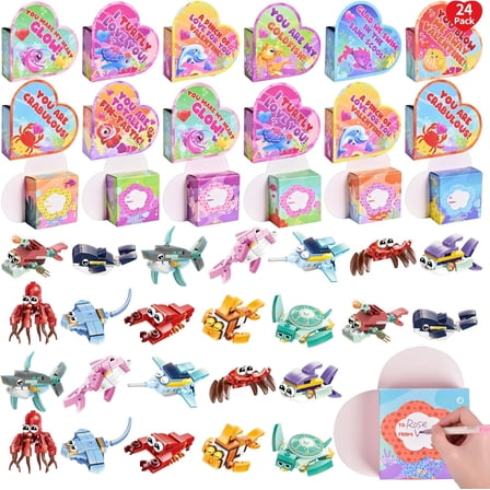 Fun Little Toys 24 Pack Valentine Classroom Gifts for Kids – Sea Animal Building Block Toys with Heart Boxes, Individually Wrapped Valentine Party Favors for School Classroom Exchange