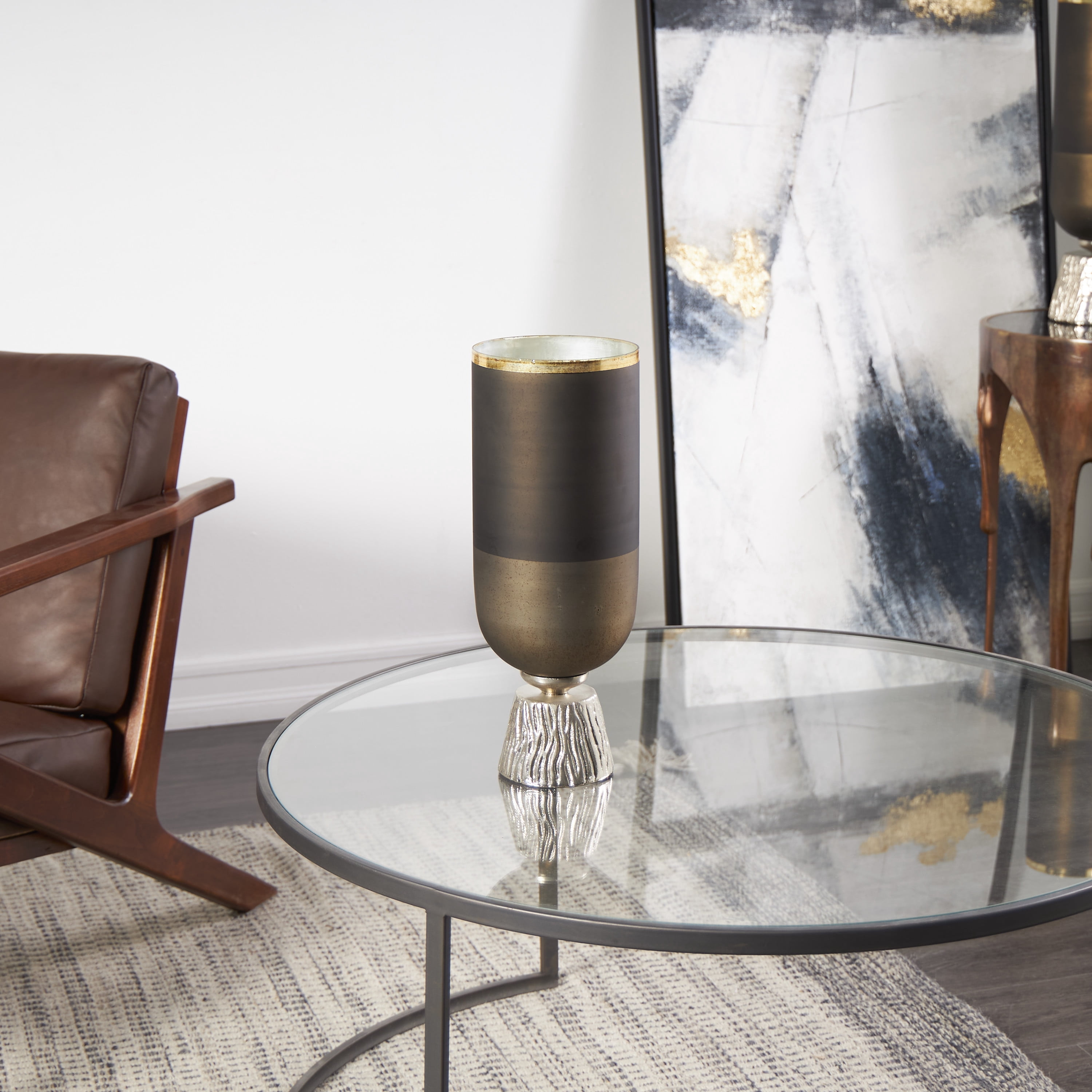 DecMode Bronze Glass Colorblock Candle Holder with Gold Accents and Textured Silver Base