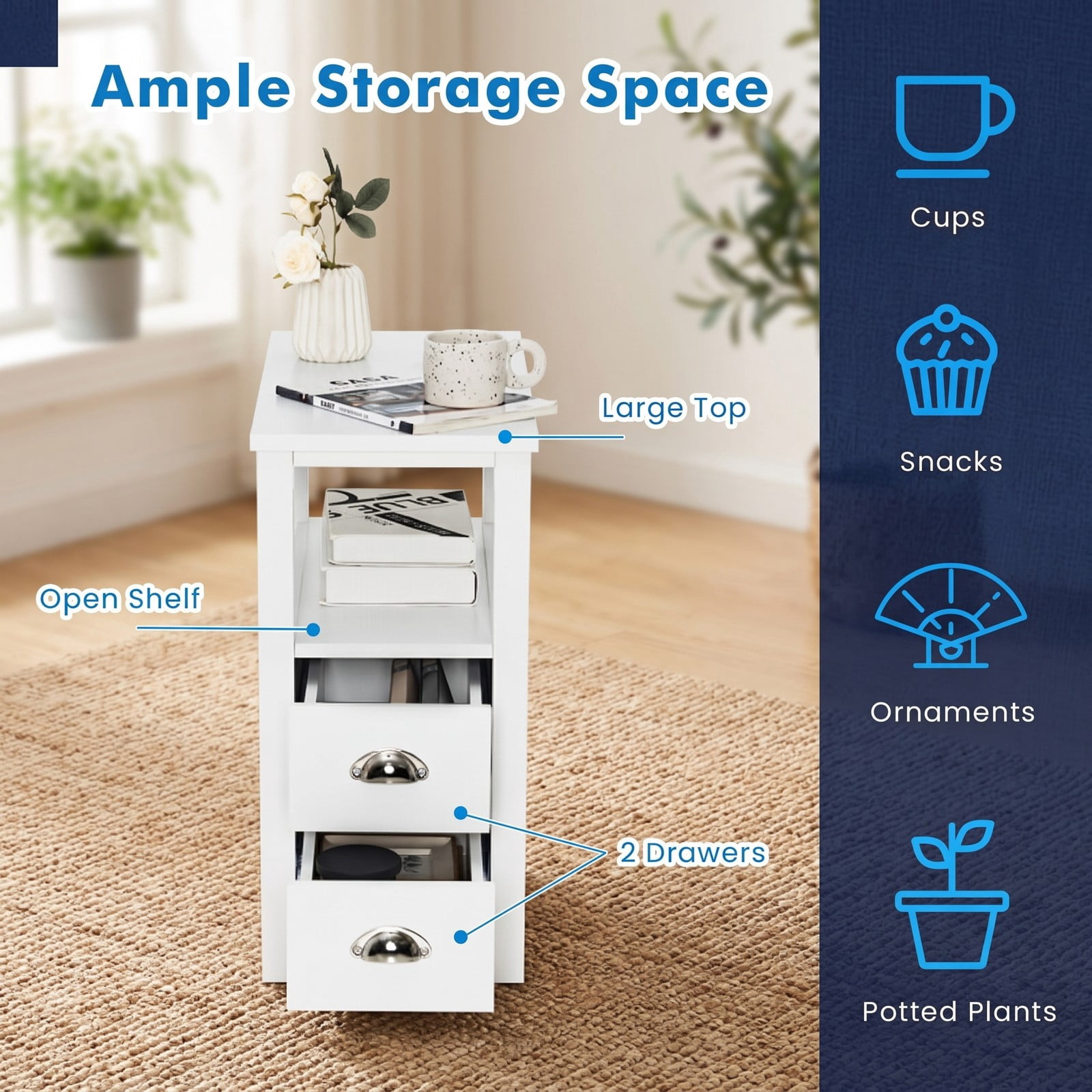 Furnibear Set of 2 Wooden Bedside Nightstands with 2 Drawers and Open Shelf for Bedroom Living Room and Guest Room, White