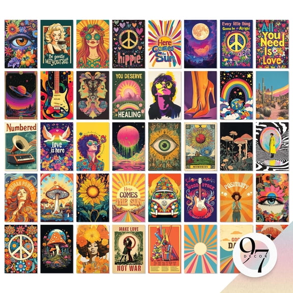 97 Decor Hippie 4x6 Retro 70s Collage Poster Set, 40 Pieces