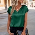 thumbnail image 3 of Textilo Silk Satin Blouses for Women Cap Short Sleeve V Neck Blouses Solid Color T Shirts Trendy Elegant Business Work Loose Pullover Tops,Green 2XL, 3 of 6