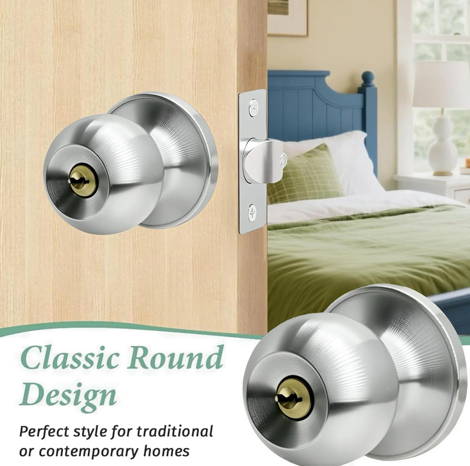 Door Knob with Lock and Keys, Ball Stainless Steel Entry Door Lock with Keyed,Exterior/Interior Door Handles for Bedroom or Bathroom,Satin Nickel,(10Pack)