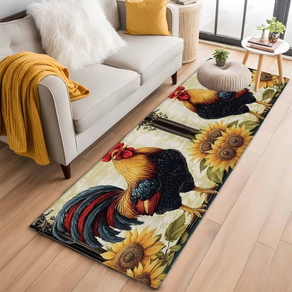 Retro Rooster Kitchen Runner Rug 2x6 Washable Runners for Hallway Non Slip Yellow Sunflower Summer Flowers Large Area Rug Indoor Floor Carpet for Bathroom Laundry Entryway Bedroom Living Room