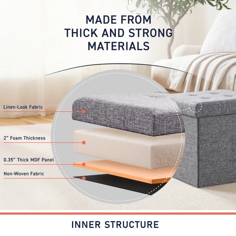Ornavo Home 2 Pack 15 Inch Folding Storage Ottoman with Storage, Square Cube Linen Small Storage Ottoman Foot Rest Stool - Gray