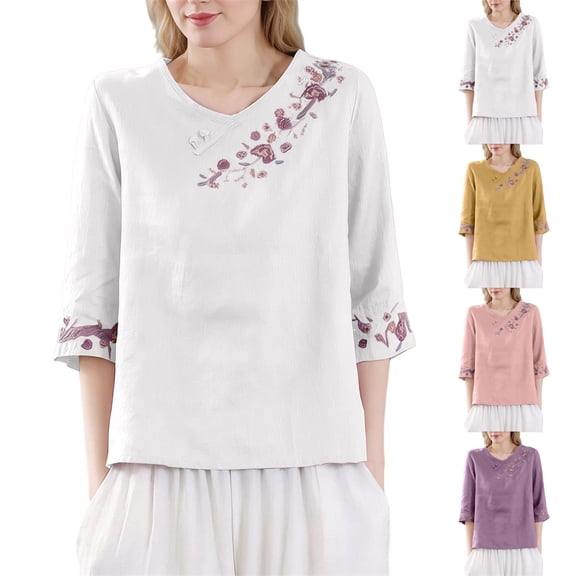 Womens Summer Clothes Kelon Women's Tops Short Sleeve Shirts Crew Neck Ethnic Embroidered Blouse Casual Business Blouses, XL