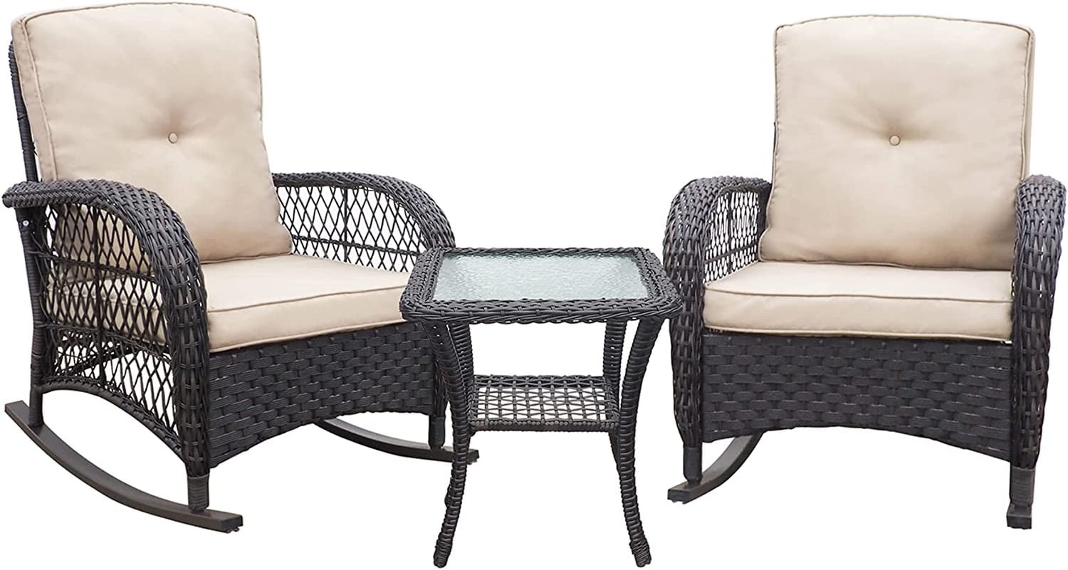 ATR 3-Piece Outdoor Patio Wicker Rocking Chairs Set,Rattan Rocker Chair Sets with Side Table for Porch,Khaki
