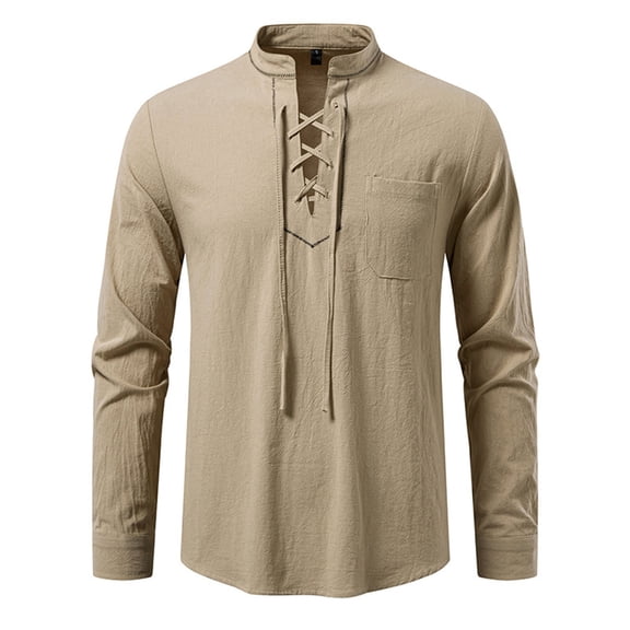 Dagegui Mens Plain Cotton Linen Shirts Vintage Lace-Up Mock Neck Long Sleeve Medieval Steampunk Shirt Pocket Tops Khaki S