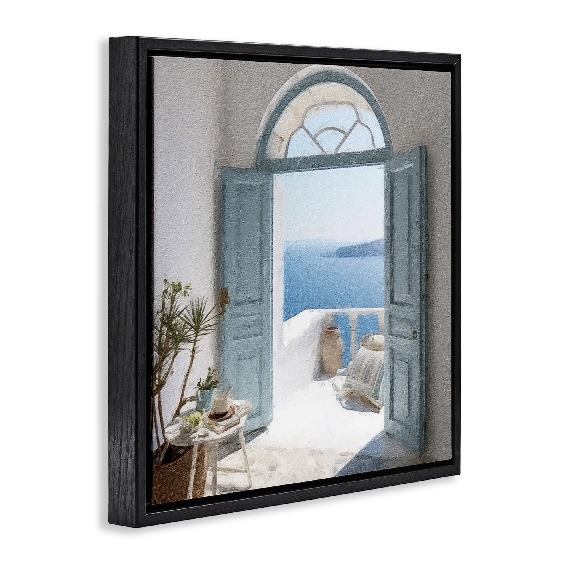 Stupell Industries Open Doorway to Sea Town & City Painting Black Floater Framed Canvas Art Print Wall Art, 18 x 18
