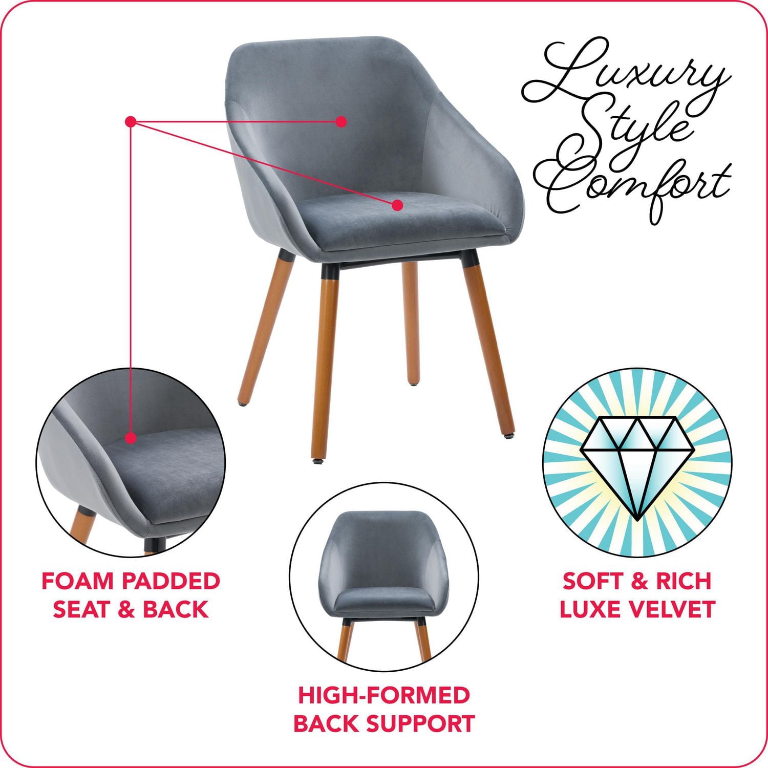 CorLiving Ayla Set of 2 Velvet Upholstered Indoor Side Chairs with Flared Wood Legs