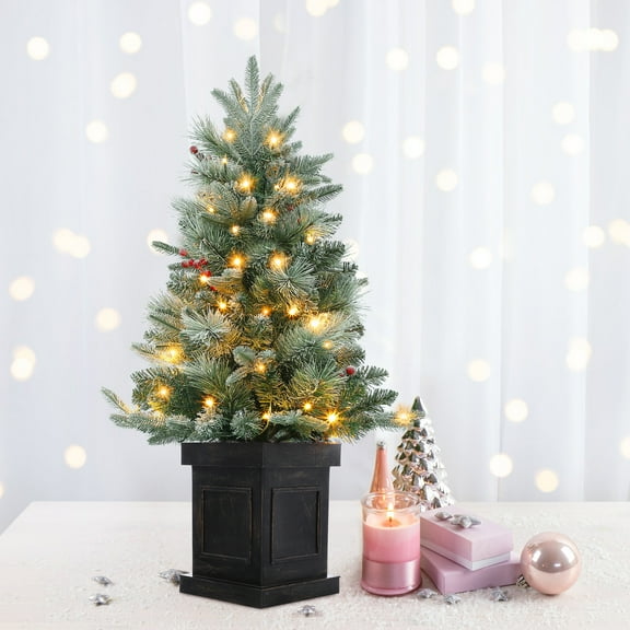 3FT Pre-Lit Flocked Christmas Tree with 50 Warm White Lights, Christmas Tree with Premium PVC, Indoor Fake Snow Xmas Tree for Home Office