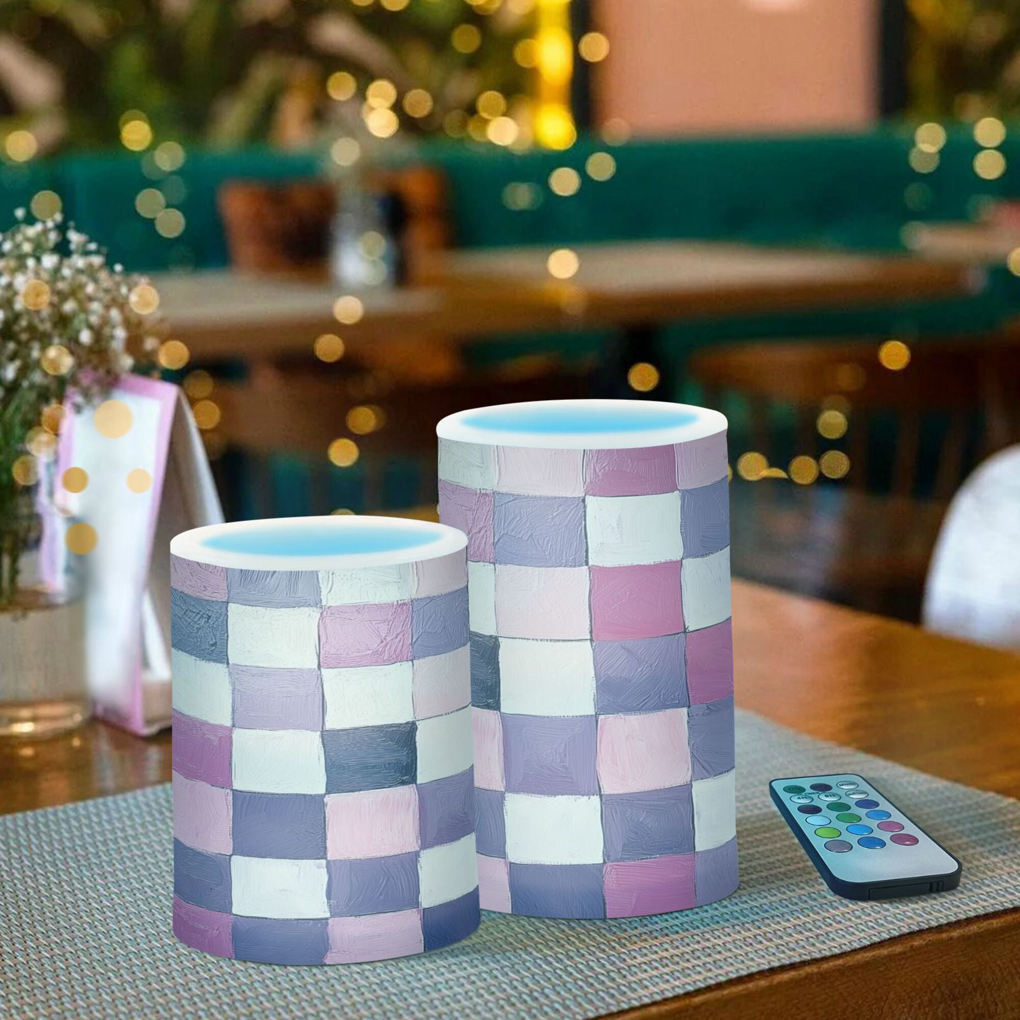 Yayeee Flameless Candles with Remote Flickering Battery Operated Multi Color Changing, Pink and Purple Plaid Pattern