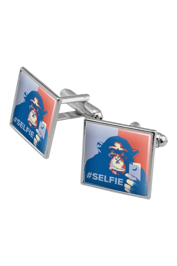 Monkey Chimp Hashtag Selfie #Selfie Square Cufflink Set - Silver or Gold