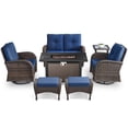 thumbnail image 3 of POCASSY 7 Pieces Fire Pit Table Set Patio Furniture with Glider Loveseat, All Weather Patio Outdoor Furniture Set with Cushioned Patio Loveseat and Patio Swivel Chairs, Brown Wicker Blue Cushion, 3 of 18