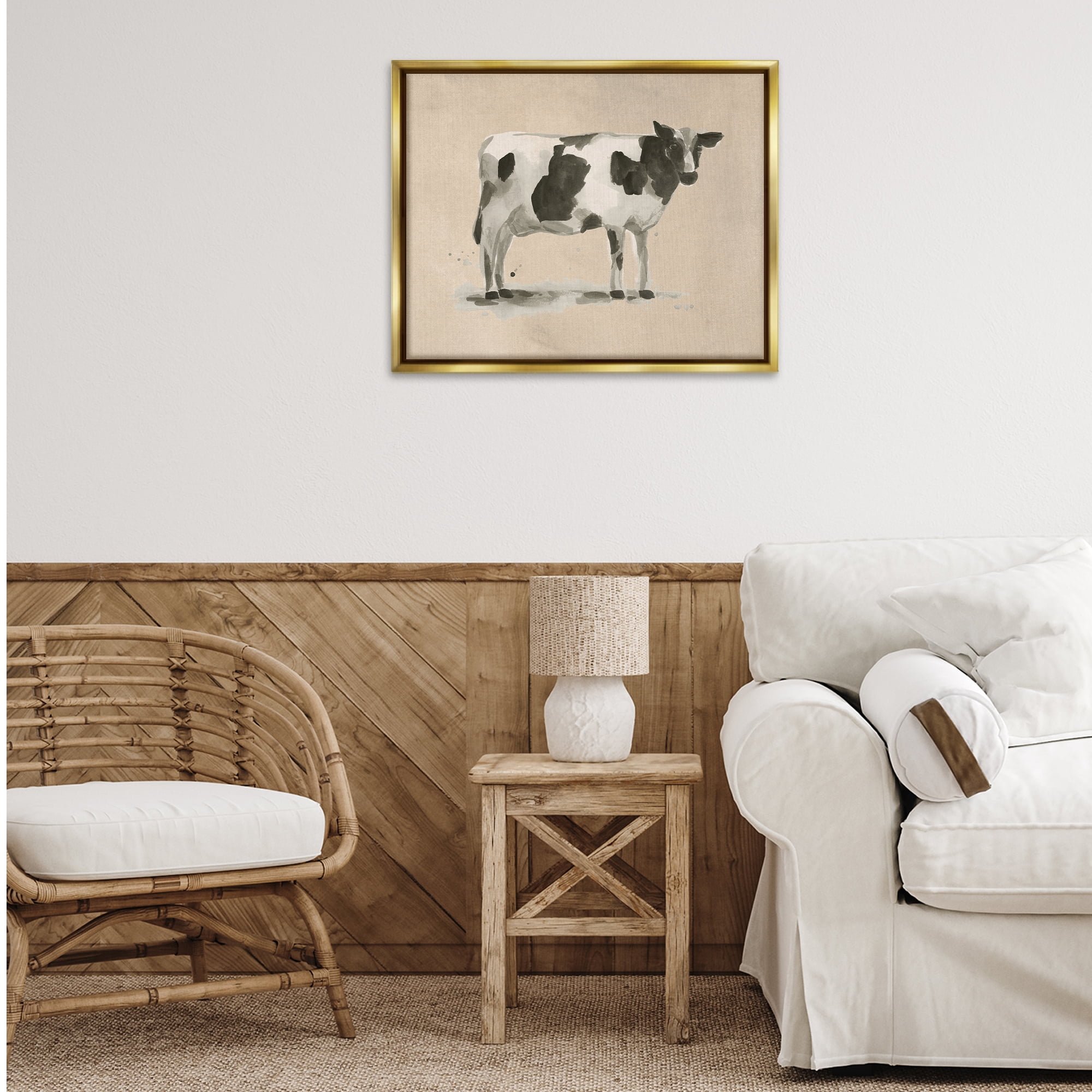 Stupell Industries Traditional Cow on Beige Animals & Insects Painting Gold Floater Framed Canvas Art Print Wall Art, 31 x 25