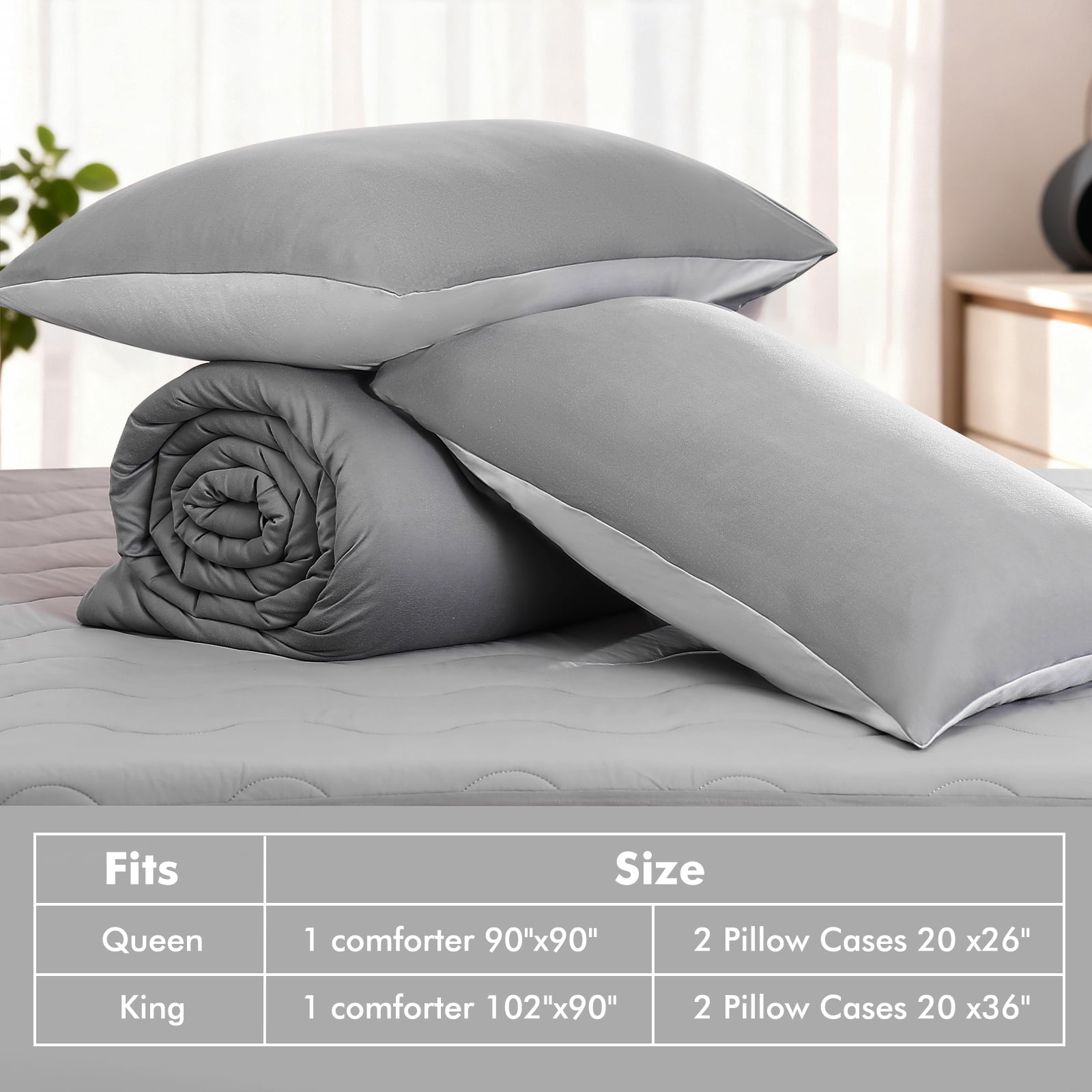Aship Queen Comforter Set, 3Pcs Cozycash PCM Bedding Set with Temperature Regulating for All Season, Reversible Skin-friendly Bedding, 1Comforter & 2 Pillowcases Gray