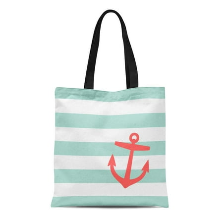 Greece Mint - SIDONKU Canvas Tote Bag Greek Mint and Coral Nautical Stripes Cute Sorority Girl Reusable Handbag Shoulder Grocery Shopping Bags
