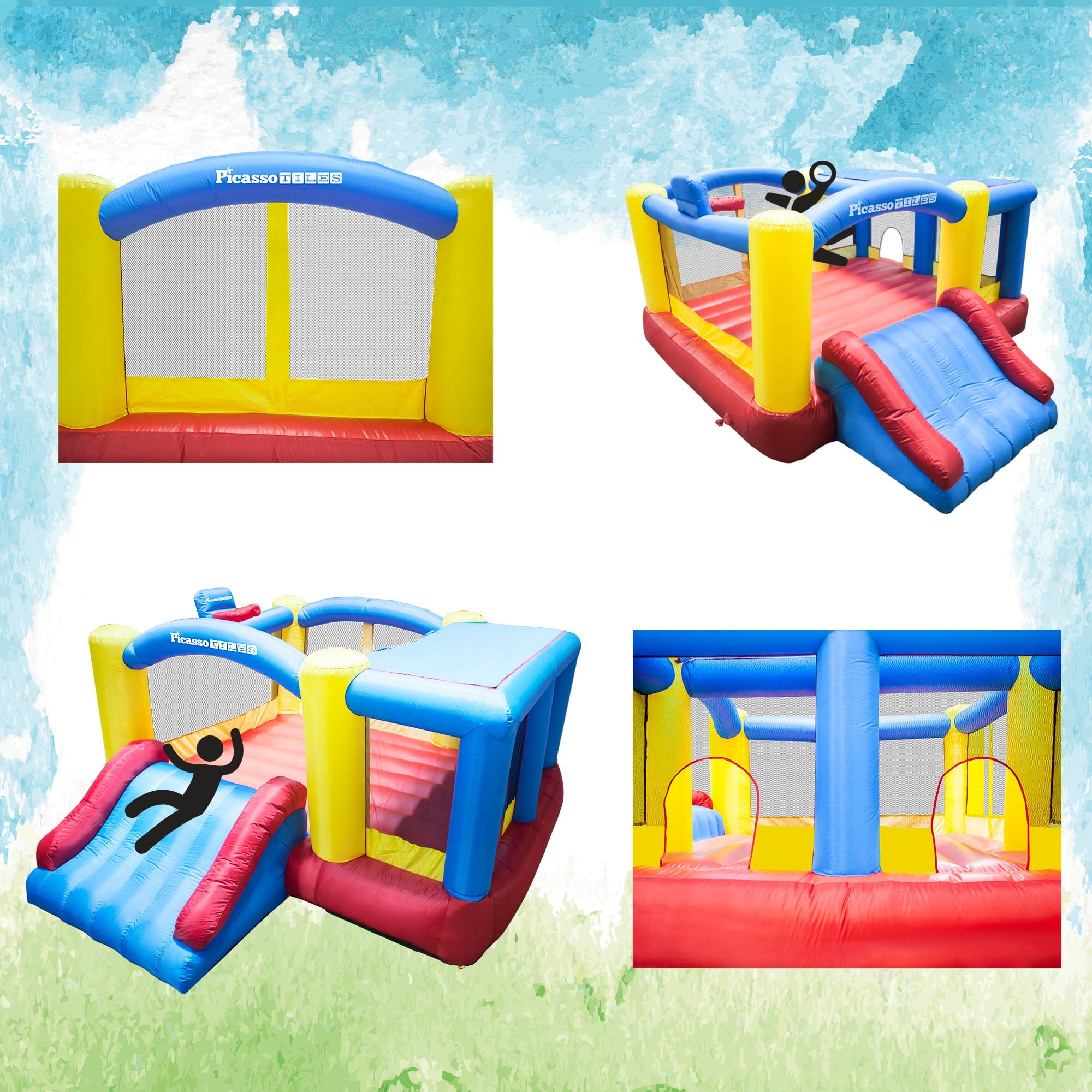 PICASSO-TILES Outdoor Inflatable Bouncer, Bounsing House, Jump Slide Dunk Playhouse with Basketball Rim, 4 Sports Balls, Full Size Entry, 580W ETL Certified Blower