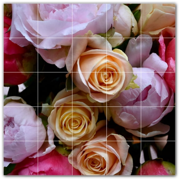 Picture-Tiles.com: Flowers Ceramic Tile Wall Mural WAL500615-55S. 21.25"W x 21.25"H using (25) 4.25" x 4.25" Ceramic Tiles-Satin Finish