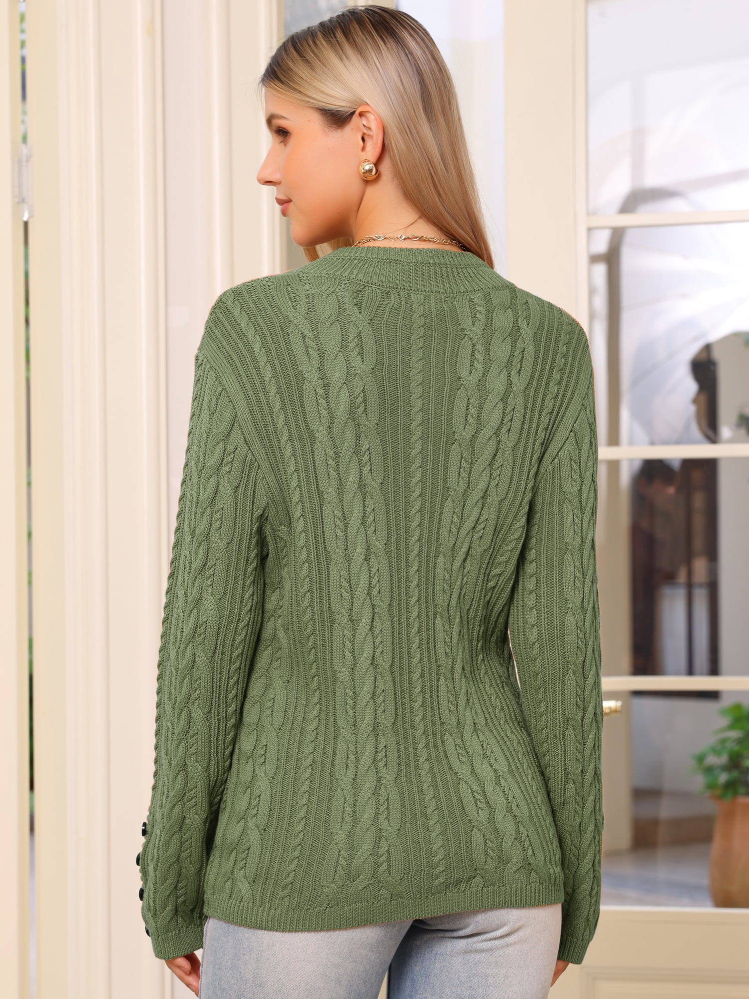 DARING DIVA Women's Cable Knit Open Front Button Up Cardigan Sweaters L Army Green
