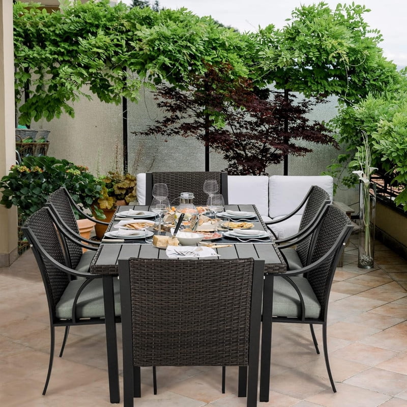 7-Piece Patio Dining Set for 6, Outdoor All-Weather Rattan Dining Table & 6 Chairs Chat Sets, Green