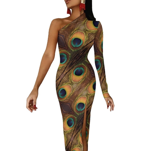 Unique Peacock Feather Long Dress Female Colorful Print Party Maxi Dress Spring Kawaii Bodycon Dresses Side Split Custom Clothes