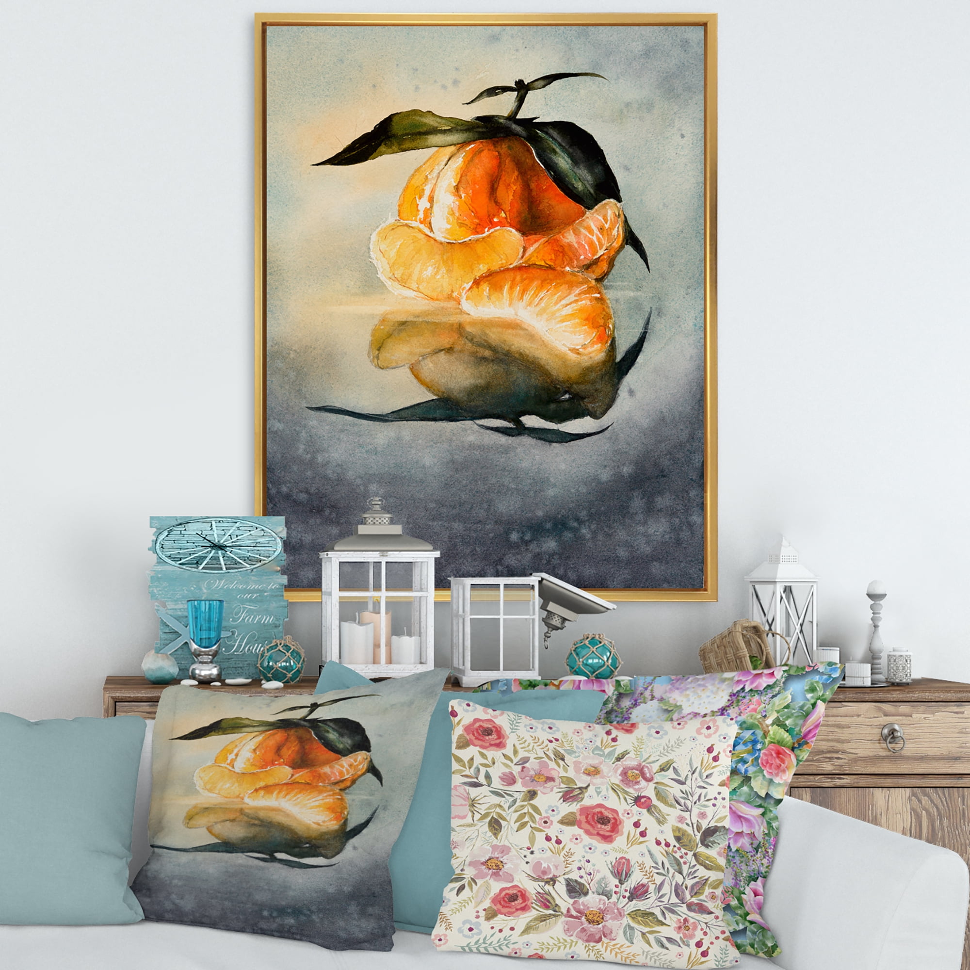 Designart 'One Peeled Fresh Orange Mandarin Under Green Leaves' Traditional Framed Canvas Wall Art Print