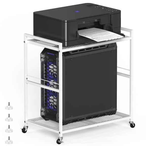 White 2-Tier Computer Tower Stand with Wheels, Mobile Metal CPU Holder Rolling PC Cart for Home Office, Floor Stand for Computer Tower, Fax