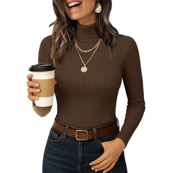 Womens Long Sleeve Turtleneck Sweaters Ribbed Knit Pullover Tops Slim Fit Basic Casual Comfort Soft Outfits Coffee M