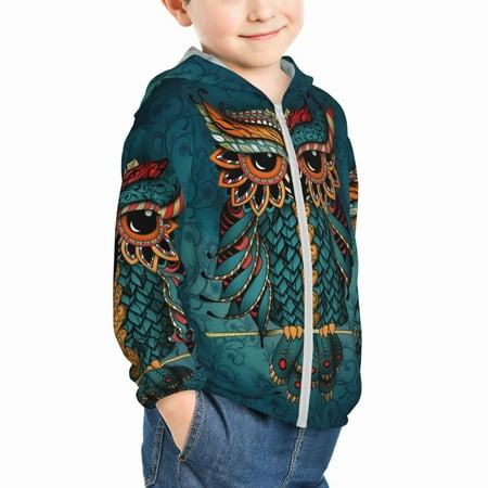 

Uemuo Owl In Blue Pattern Rash Guard for Boys Girls Long Sleeve Swim Shirts UPF 50+ UV Sun Protection Hooded Fishing Shirt with Pocket for Kid-18 Months