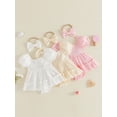 thumbnail image 3 of Cenuakty Baby Girl Romper Dress Solid Color Square Neck Short Sleeve Skirt Hem Infant Bodysuits Jumpsuits with Headband, 3 of 9