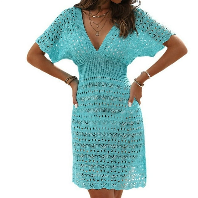 Vestido de Crochet para Mujer, de Corta, para Playa Azul XL