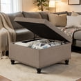 thumbnail image 2 of GZXS 30-Inch Large Square Storage Ottoman, Linen Fabric Upholstered Seat with Nail Trims, Solid Wood Frame, Hinged Lid Toy Box Footrest Coffee Table, Easy Assembly for Home Hotel Restaurant, 2 of 9